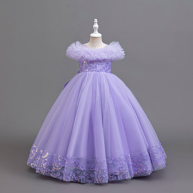 export girls' formal dress with lace and mesh – perfect for piano recitals, festive celebrations, and elegant hostess outfits – wholesale available
