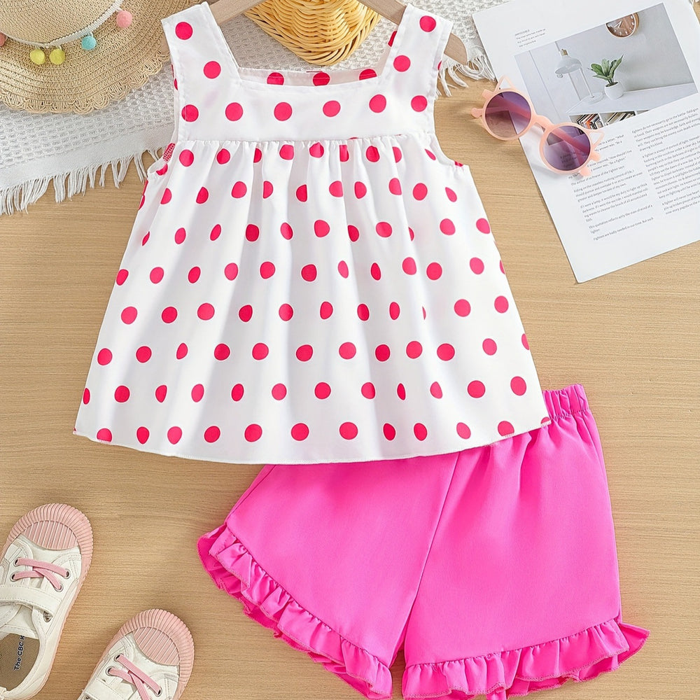 girls' summer tank top set - trendy pink polka dot with ruffle shorts - kids' two-piece cami outfit