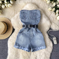 This year's trendy look for petite women: stylish, high-waisted, slim-fit, sleeveless, strapless jumpsuit with hot-fix rhinestone embellishments