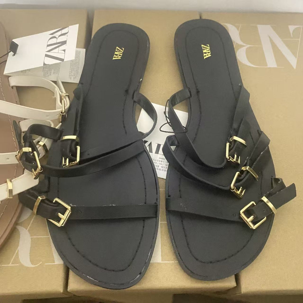 Za women's flat roman sandals - new summer 2025 collection - ladies' fashionable criss-cross buckle detail, solid color