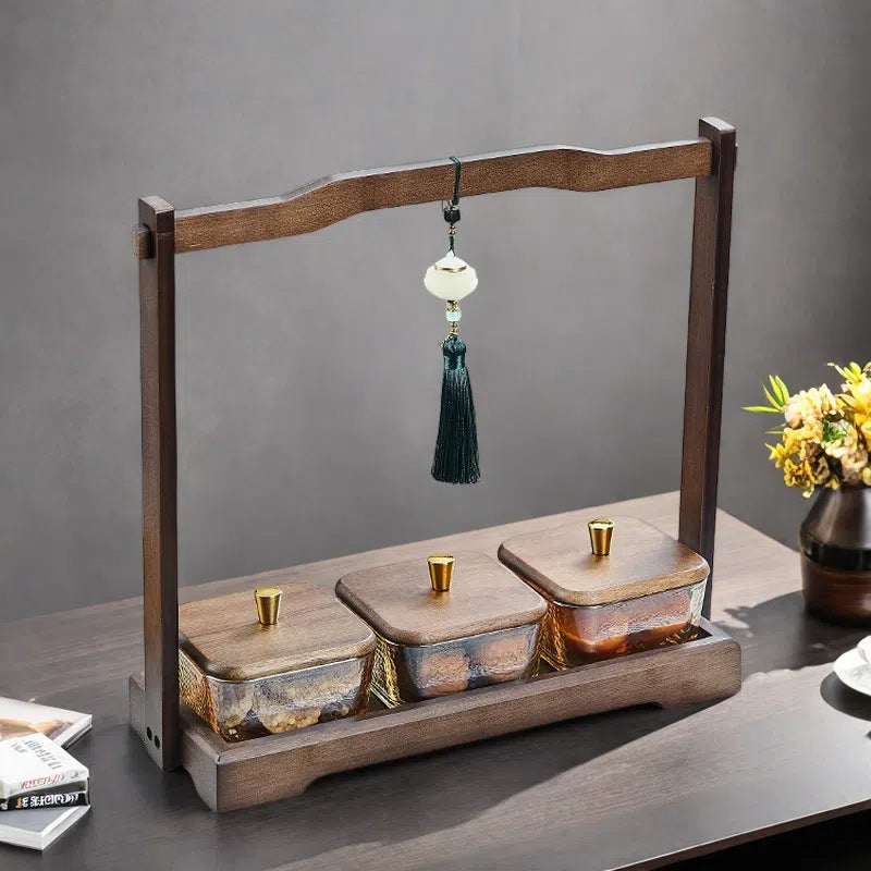Luxury walnut wood-effect fruit & snack platter - home use, divided compartments, creative dried fruit dish, dessert glass bowl & fruit plate