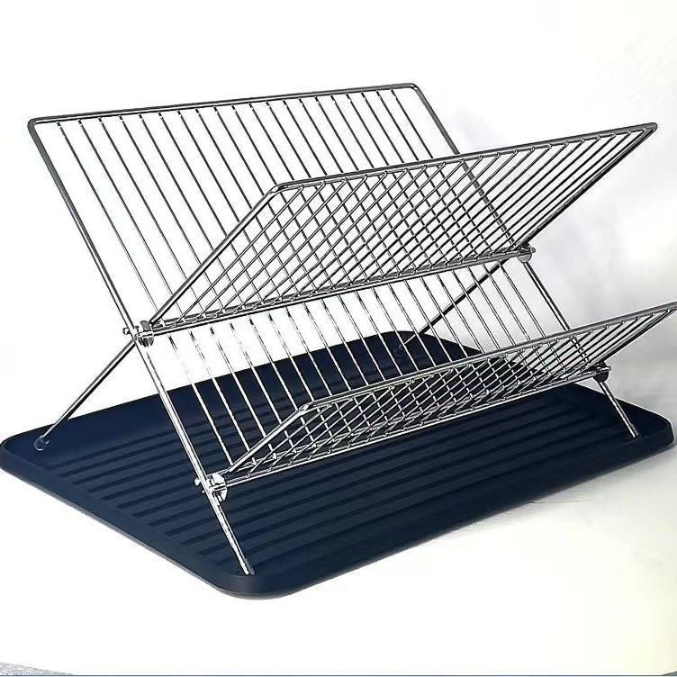 X-shaped foldable dish rack, double-layer kitchen drainer, countertop dish drying rack with water collection tray, kitchen utensil organizer