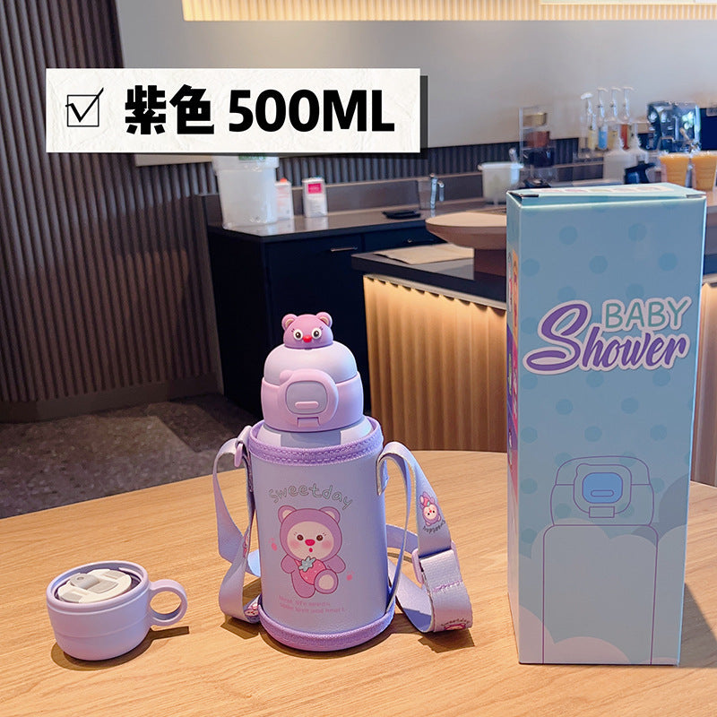 Cartoon 316 stainless steel insulated tumbler with straw, cup sleeve, portable single cup, double lid water bottle - wholesale gift option