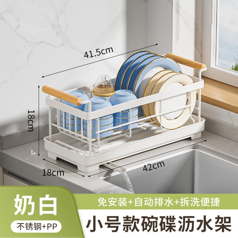 Stainless steel bowl rack, kitchen rack, countertop, household single-layer drain tray rack, large-capacity tableware and dish storage rack