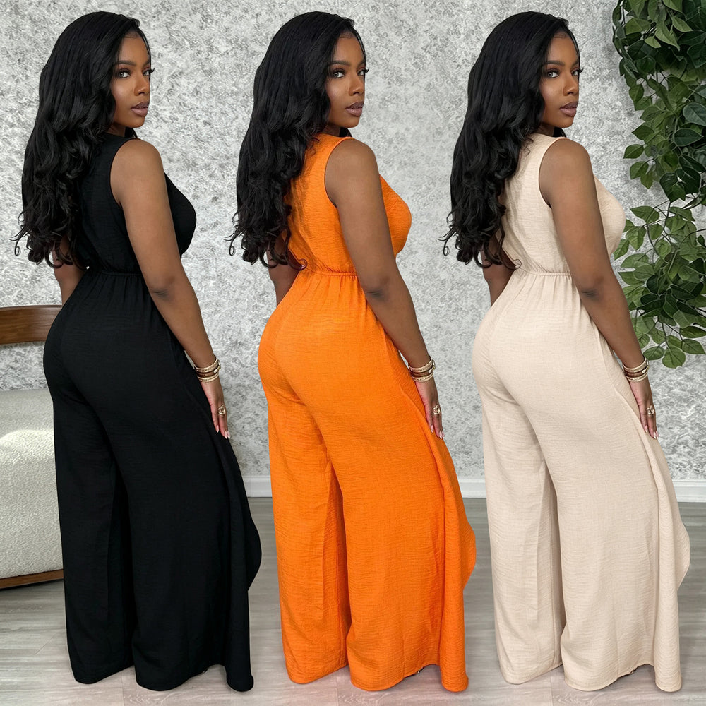 C7786 cross-border  new women's sleeveless v-neck criss-cross tie-up slit top wide-leg commuter jumpsuit