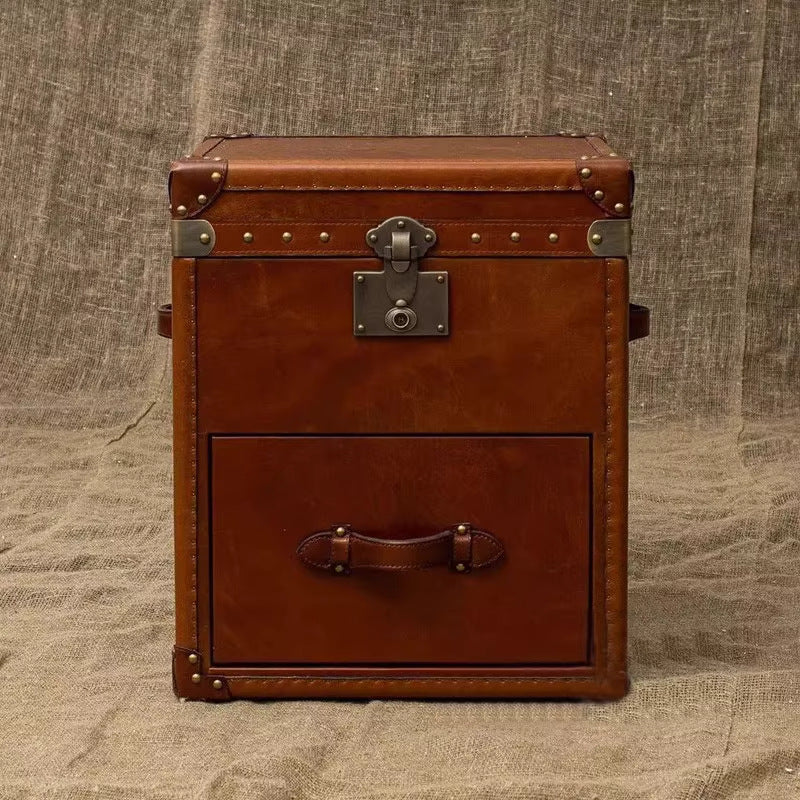 Second-hand style retro oil wax leather suitcase coffee table table old-fashioned creative genuine leather side table corner bedside table storage cabinet