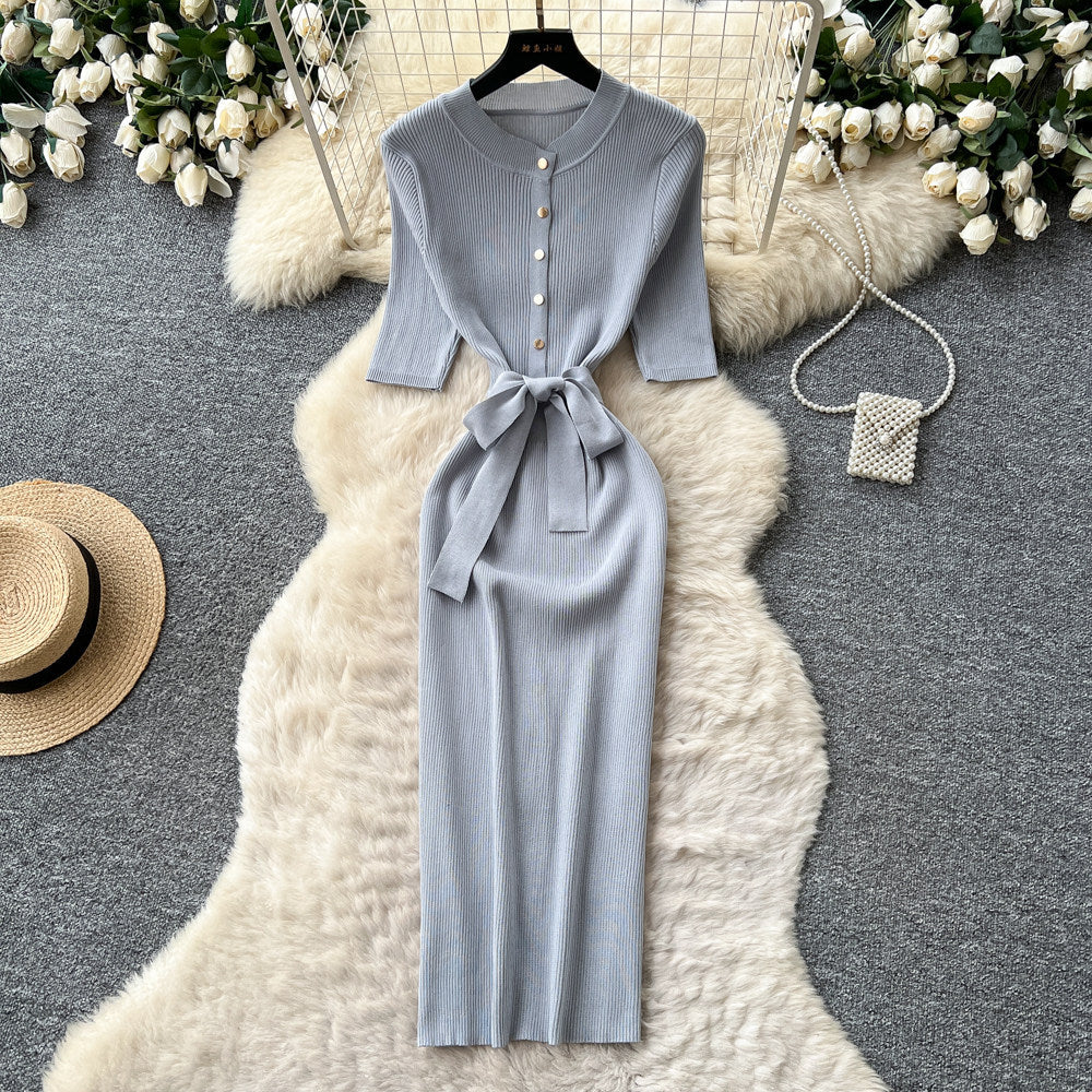 Korean style commute-ready knit dress - women's summer short sleeve single-breasted tie-waist slimming midi dress