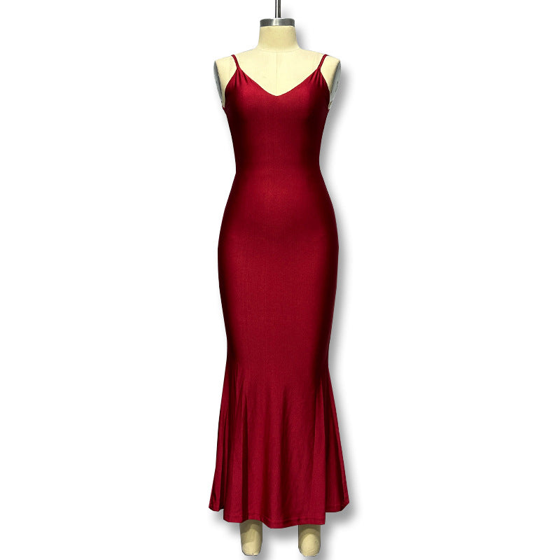 foreign trade hot-selling red dress, deep v sexy backless suspender fishtail dress wholesale