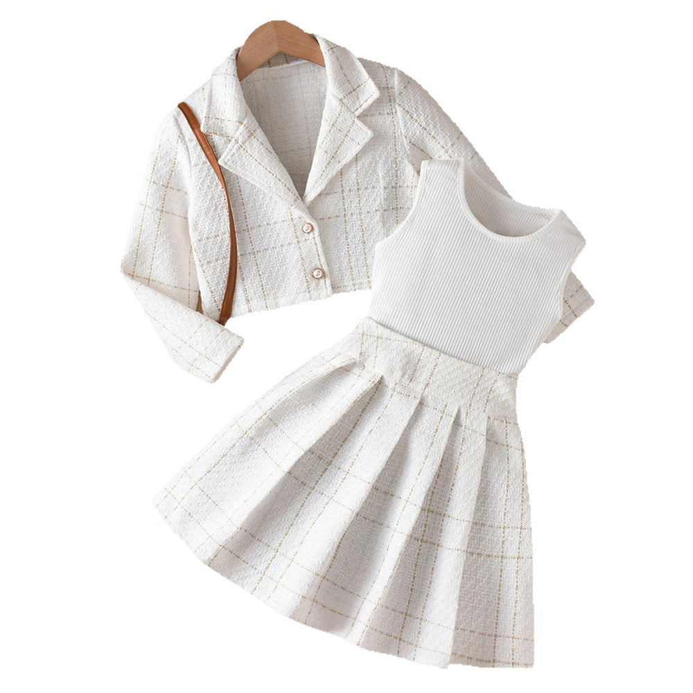 Exportgirl small fragrant white three-piece set grids pattern lapel short outwear vest tops skirt kidssuit