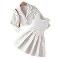 Exportgirl small fragrant white three-piece set grids pattern lapel short outwear vest tops skirt kidssuit