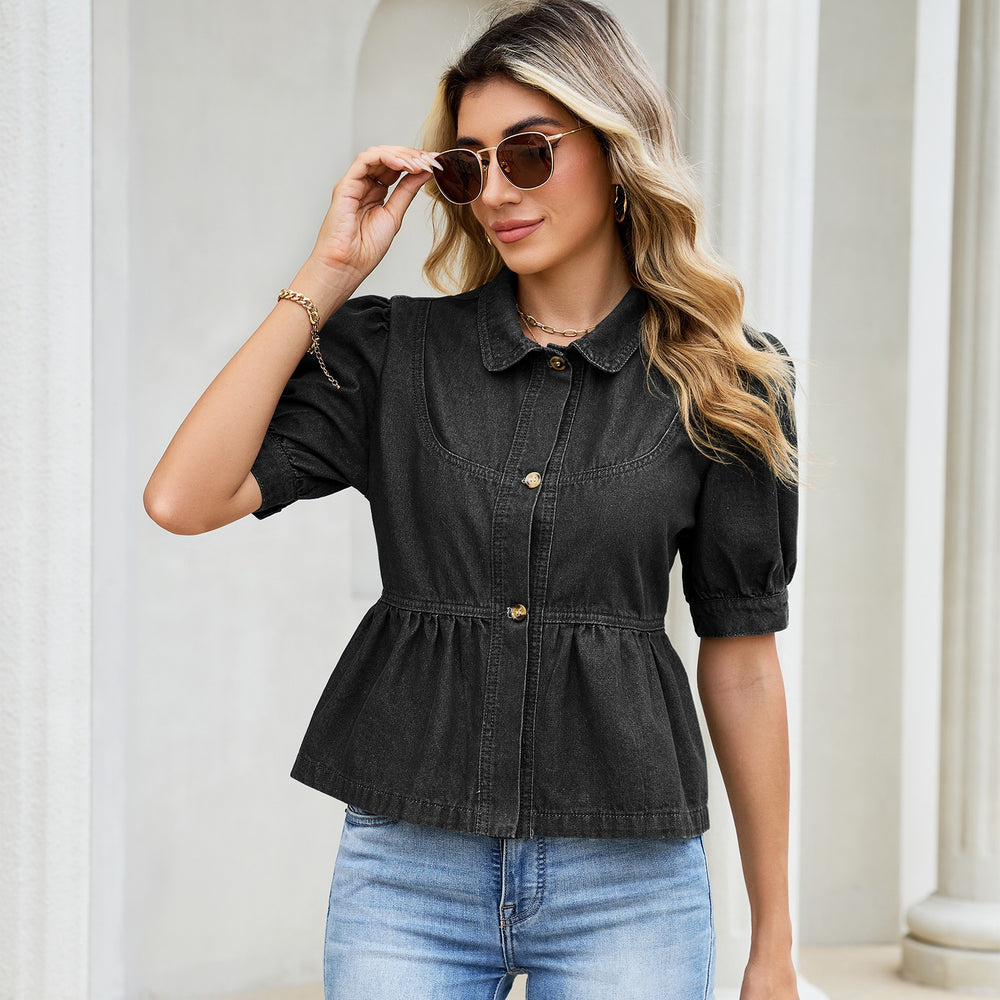 Fashion cross-border women's dark blue denim doll shirt tops lapel single-breasted puff sleeves waist rufflesshirt