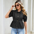 Fashion cross-border women's dark blue denim doll shirt tops lapel single-breasted puff sleeves waist rufflesshirt
