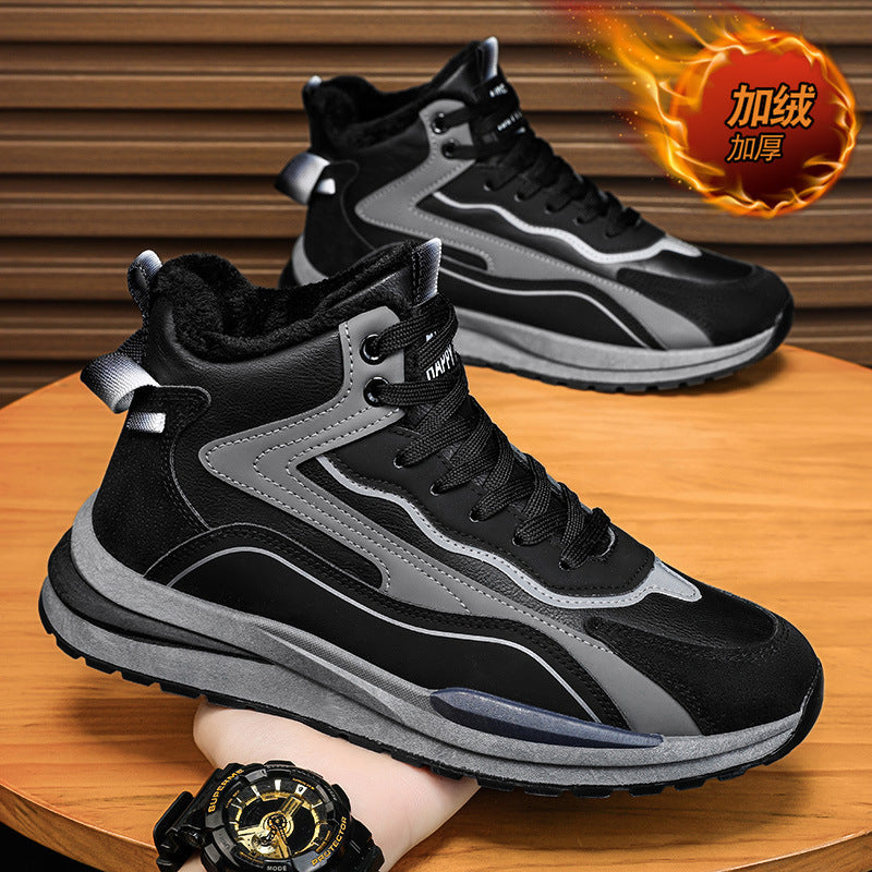 Men's spring new thick-soled fleece-lined warm dad shoes, versatile high-top athletic shoes for young men, men's casual shoes
