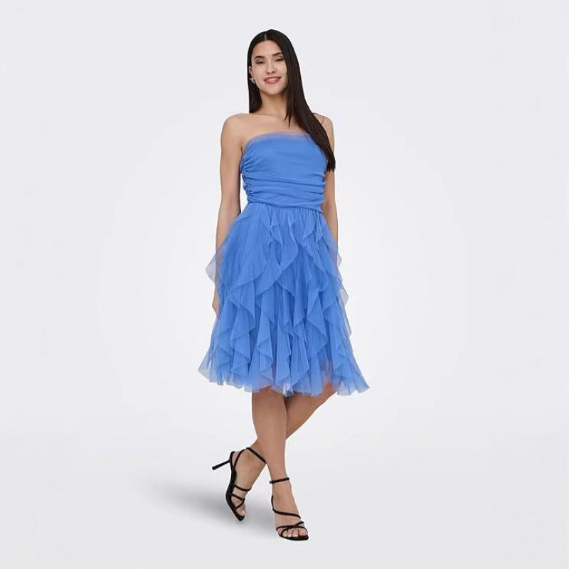Amazon fashion ruffles pleated mid-length dress women's  summer new elegant sleeveless skirt