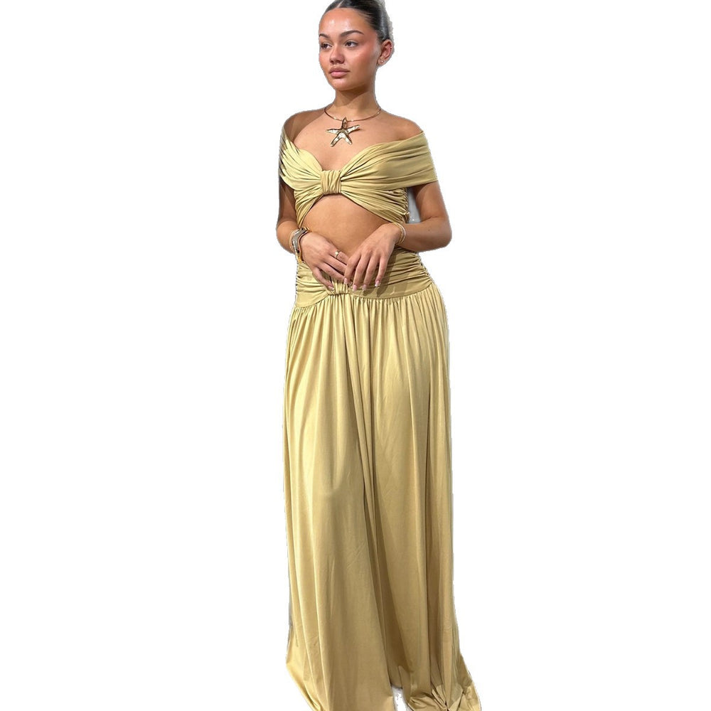 spring new french sexy one-shoulder cropped top and ruched midi skirt vacation outfit set