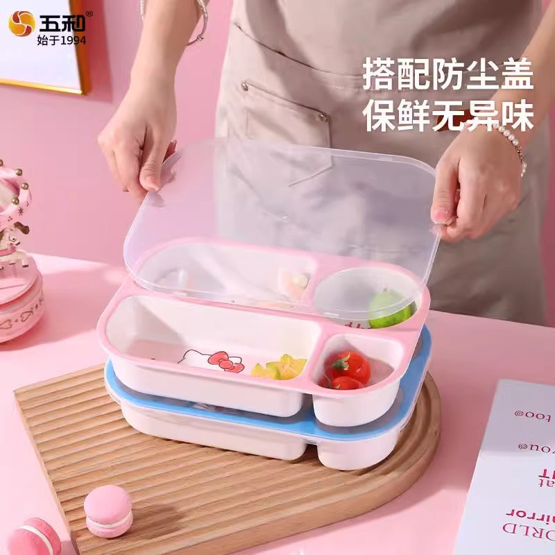 Bento bowl grid plate household eating plate primary school student lunch box tableware children's lunch box with sealing lid with fork and spoon