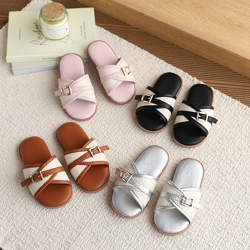 Women's flat sandals  summer new style sandals & slippers kids leather buckle beach shoes outdoor flip-flops
