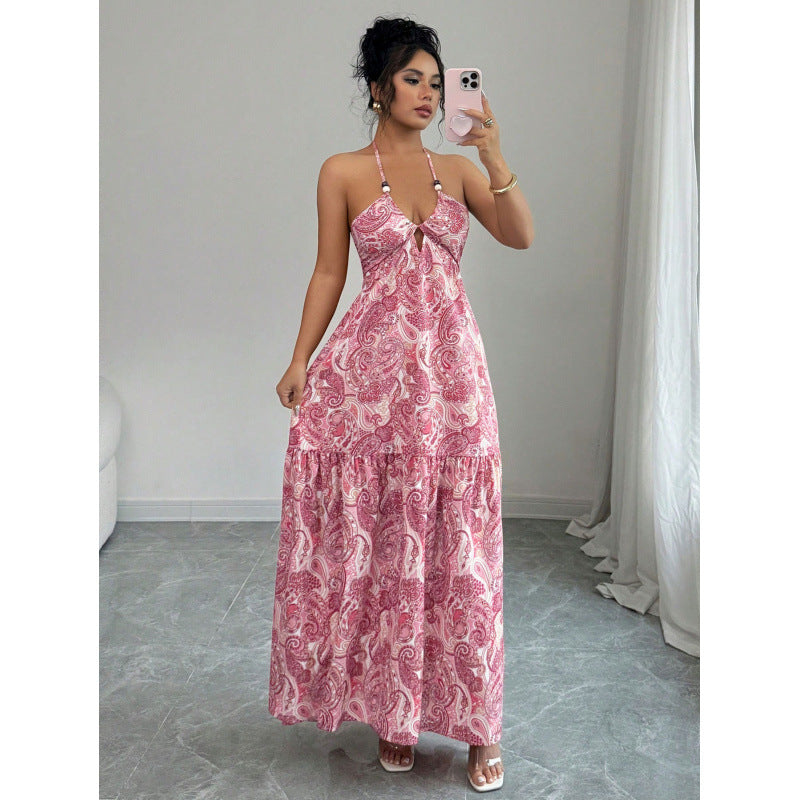 Women's halter neck backless bow tie waist long dress, perfect for vacation and casual wear, summer fashion apparel