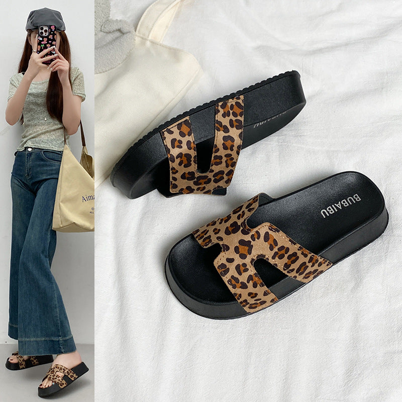 Women's summer sandals & slippers - new thick-soled leopard print h-strap comfortable non-slip foreign trade flip-flops