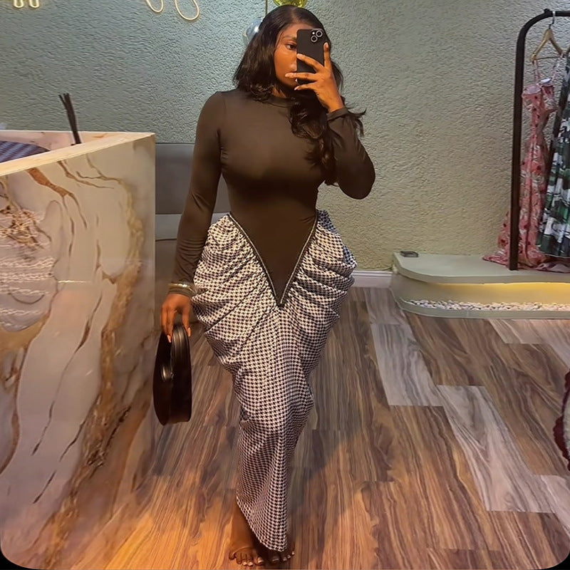 European and american cross-border women's fashion:  spring new arrival - elegant round neck, slim-fit, panelled, pleated, bodycon maxi dress