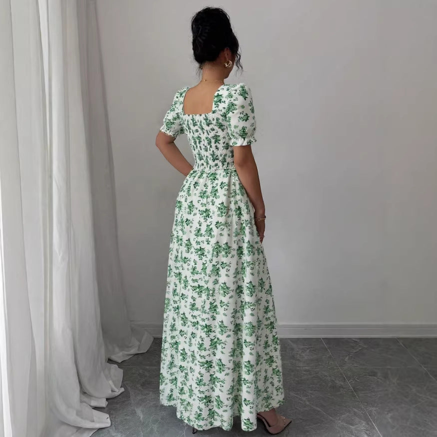 new cross-border french style bubble sleeve v-neck floral print women's dress