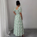 new cross-border french style bubble sleeve v-neck floral print women's dress