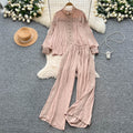 French court style chic lace patchwork pearl button lantern sleeve blouse and high-waisted wide leg casual pants set