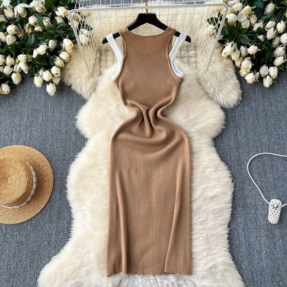 Sense of designfake two-piecedressfemale heart-cut cut outhalter round neck sleeveless knitting hip-covering hot girl skirt