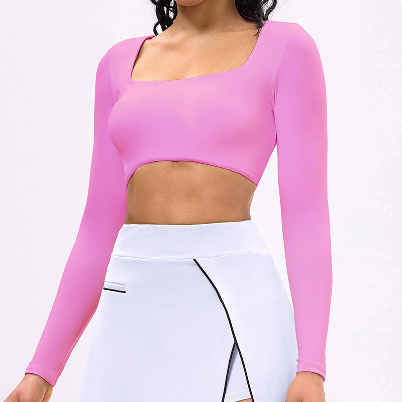 European and american new long-sleeve outdoor running fitness activewear top with built-in bra pads - tennis, golf, and yoga t-shirt