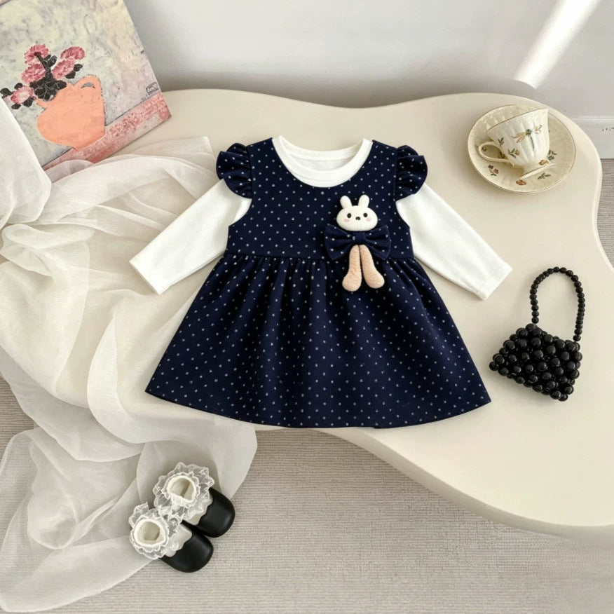 Girls' dress - spring/autumn  new collection - korean style polka dot princess dress with bunny long sleeves
