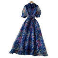 french court style vintage print dress - women's spring/summer turn-down collar, cinched waist, tie-waist a-line maxi dress - office/workwear