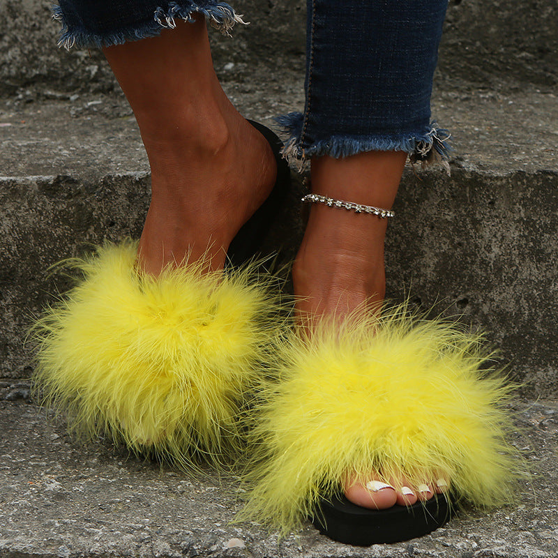 Wholesale processing of turkey feather slippers, women's real fur flip-flops, fur fur sandals, thick-soled sandals, cross-border slippers