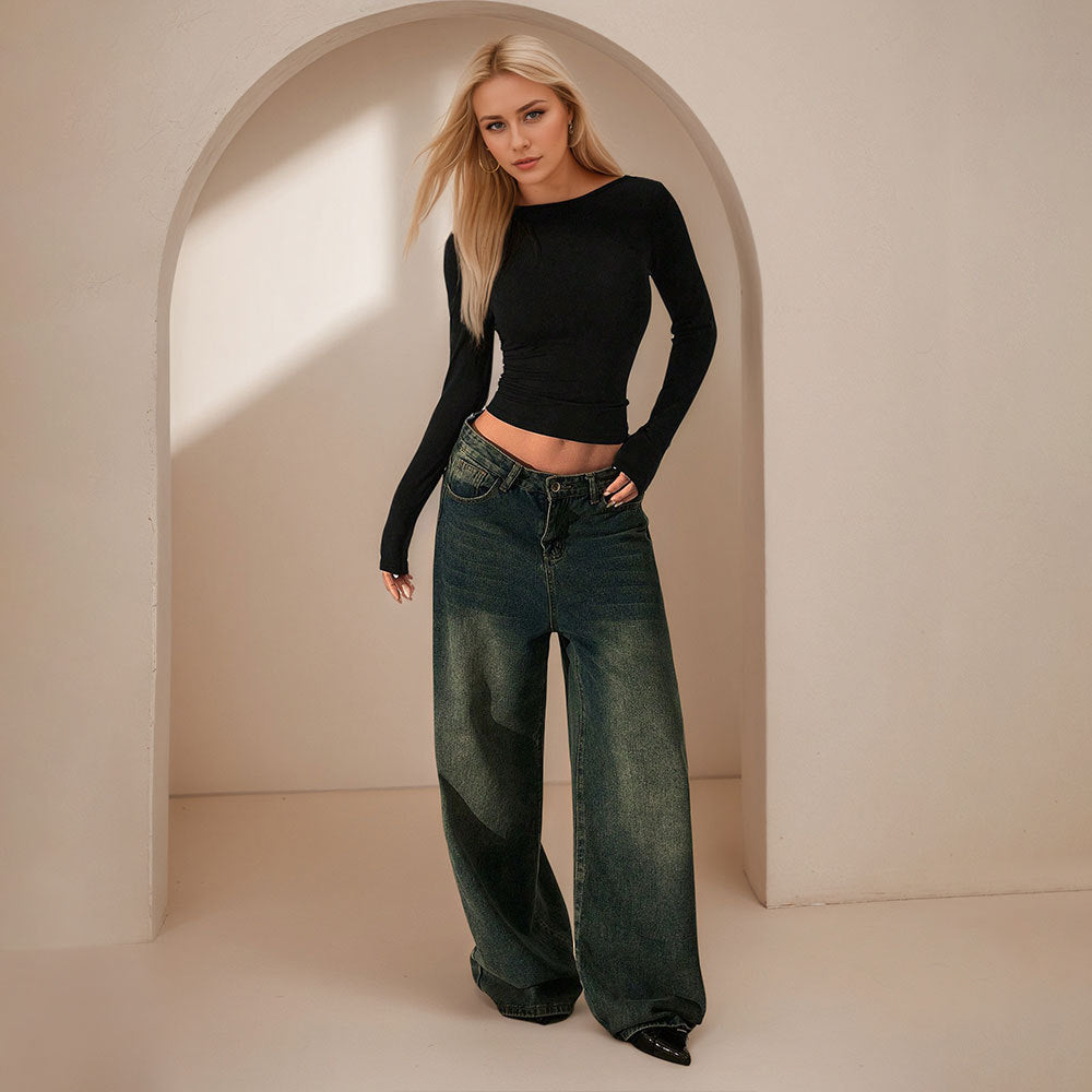 European and American  Walmart backless sexy lace splicing round neck slim-fit design backing long sleeve pullover short top