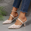 High heels for women 2026 spring and summer new arrivalfrench toe-cap half-slippers elegant pointed toe lace mesh stiletto slippers for women