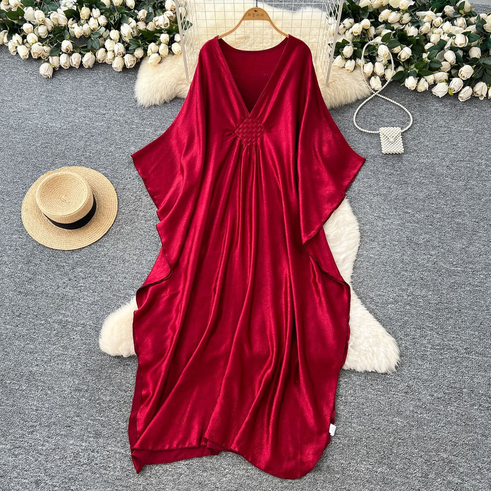 European and american fashion deep v-neck batwing sleeve dress - women's  summer loose fit, slimming, oversized, flattering, and long dress