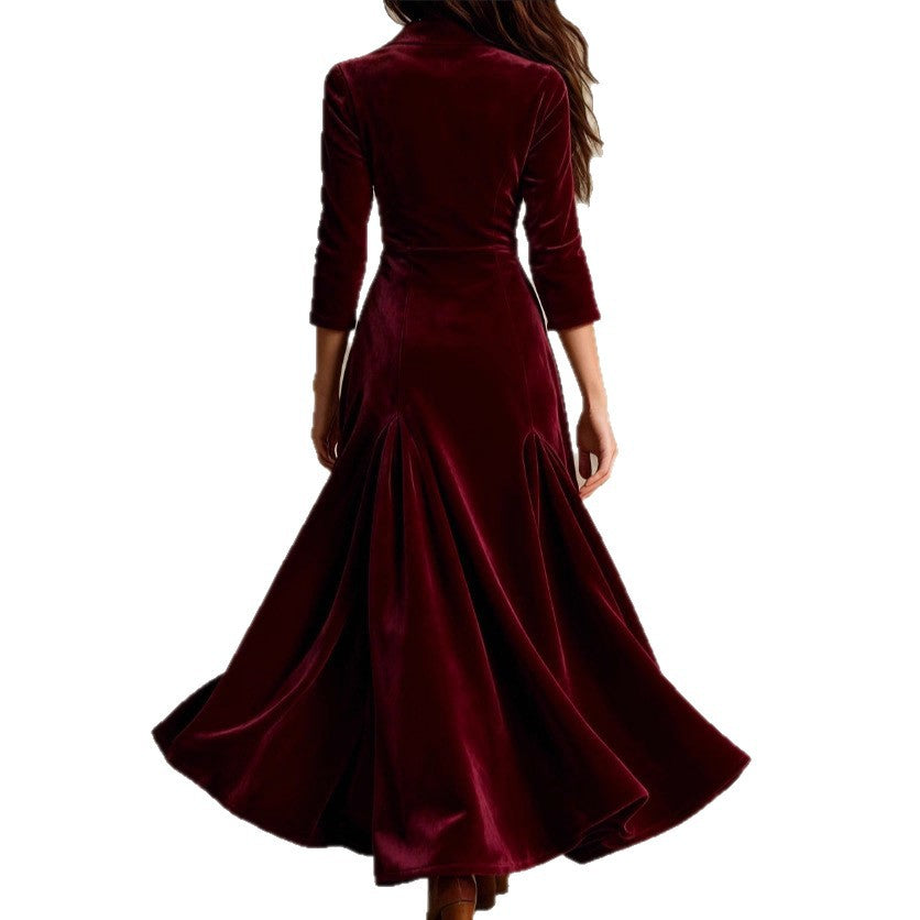 european and american women's clothing  independent station pure color button lapel three-quarter sleeve long skirt dress waist swing skirt