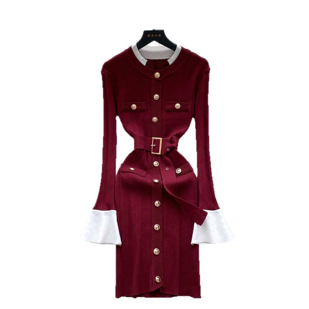 French chic, high-end, color block knit dress with metal buckle tie waist – perfect for autumn and winter