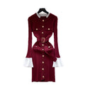 French chic, high-end, color block knit dress with metal buckle tie waist – perfect for autumn and winter