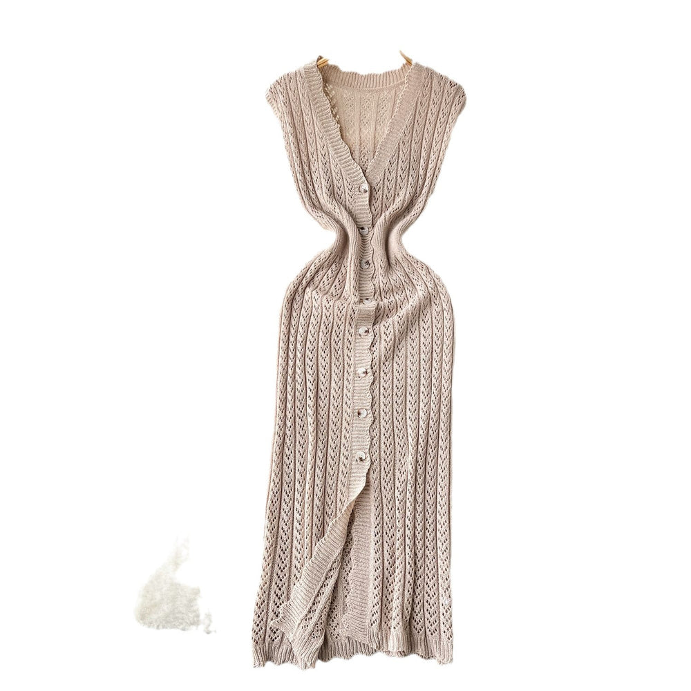 Summer korean chic slimming crochet sleeveless dress - women's single-breasted v-neck bodycon slit maxi dress