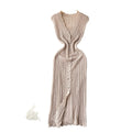Summer korean chic slimming crochet sleeveless dress - women's single-breasted v-neck bodycon slit maxi dress
