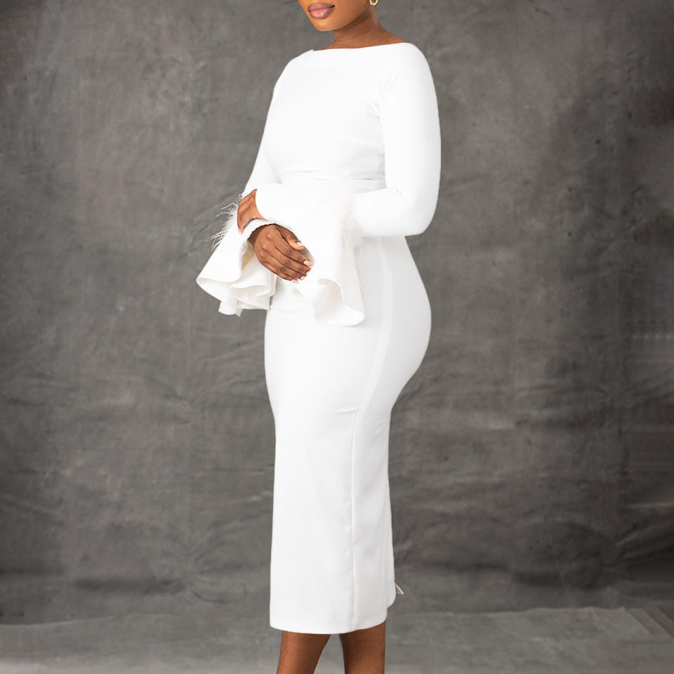 D3258 independent station export women's clothing  winter new arrival fashion solid color bodycon flared sleeve ol african dress