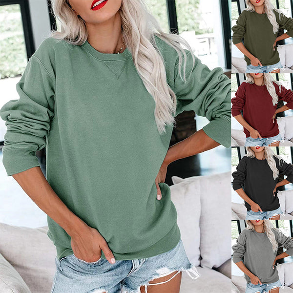 2023 autumn and winter   women's round neck long-sleeved casual sweatshirt solid color pullover loose sweater women