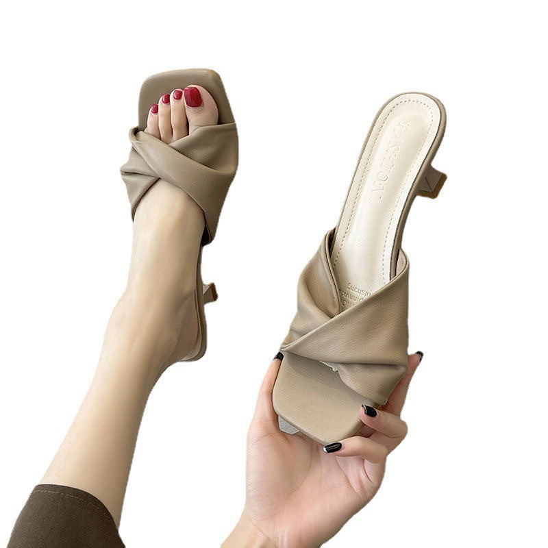 2024summernew arrivalcasual high-heeled one-line sandals cat-heeled high-heeled shoes french women's outwear half slippers