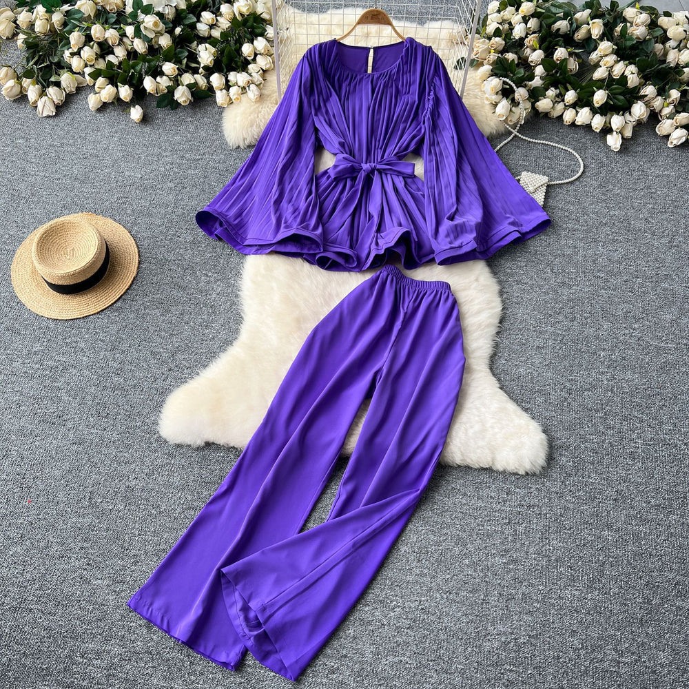 Sophisticated style niche styletwo-piece set women's loose waist tie backflare long sleeves pleated tops+high waistcasualpants