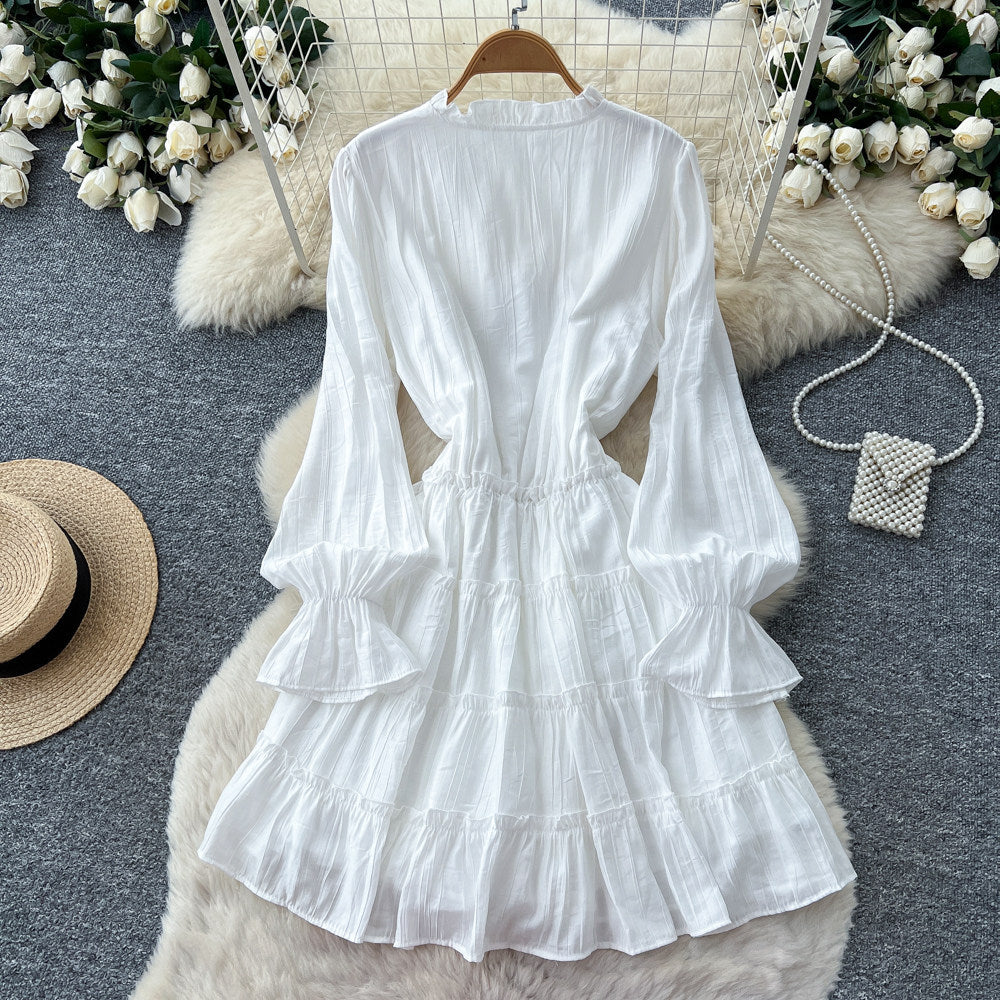 Korean style white lantern sleeve slim-fit dress - women's spring/autumn ruffle trim tie-waist a-line dress