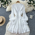 Korean style white lantern sleeve slim-fit dress - women's spring/autumn ruffle trim tie-waist a-line dress