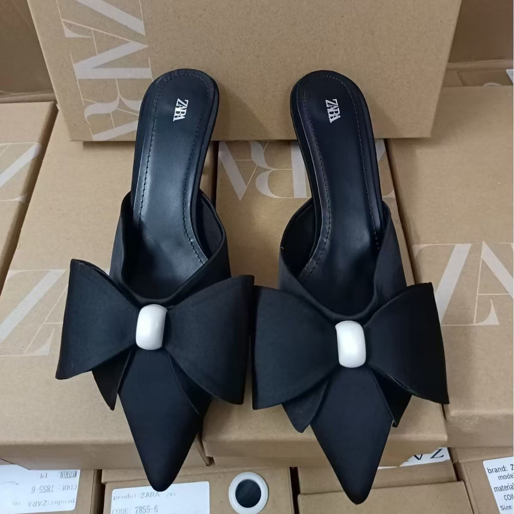 Za2024autum new women's shoes artificial pearls and black silks and satins bows pointed toe high heel toe slippers