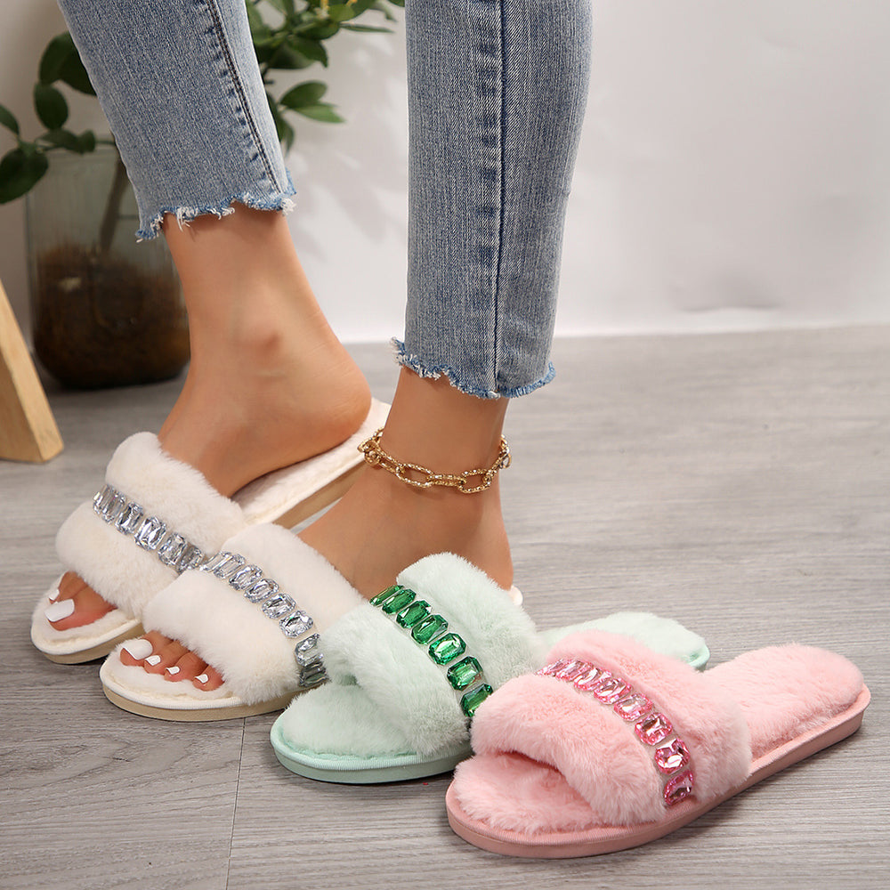 Thick sole fur slippers women's fall and winter indoor and outdoor 2024new arrivalclassy rhinestone stuffed slippers cotton slippers women's shoes