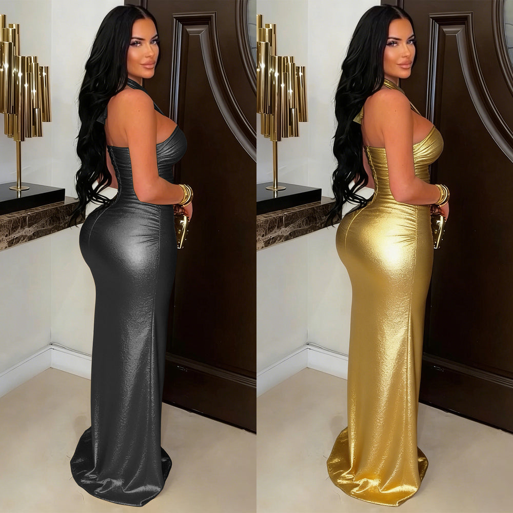 C7666 cross-border   fashion women's elegant sexy lace-up backless bodycon dress