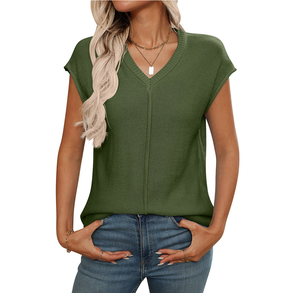 2025 summer new  European and American women's clothing  women's V-neck top knitted thick needle casual sweater